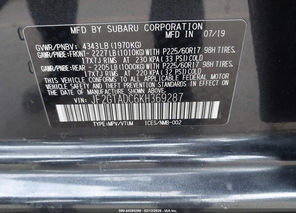 2019 SUBARU CROSSTREK 2.0I PREMIUM VIN: JF2GTADC6KH369287