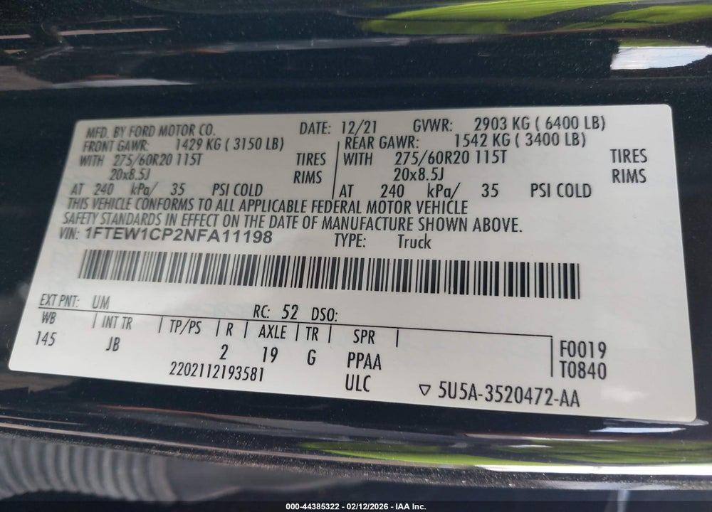 2022 FORD F-150 XL VIN: 1FTEW1CP2NFA11198