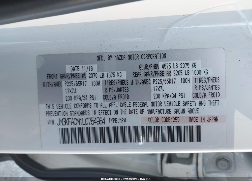 2020 MAZDA CX-5 TOURING VIN: JM3KFACM1L0754984