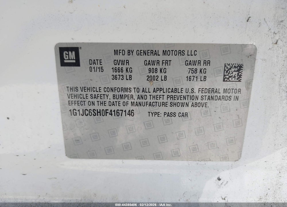 2015 CHEVROLET SONIC LT AUTO VIN: 1G1JC6SH0F4167146
