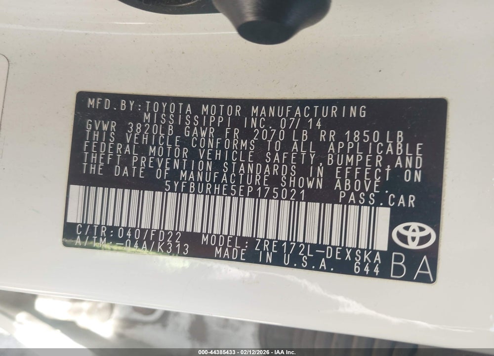 2014 TOYOTA COROLLA S PLUS VIN: 5YFBURHE5EP175021