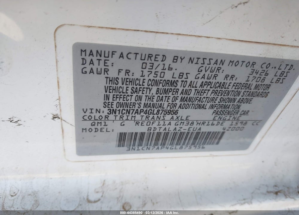 2016 NISSAN VERSA 1.6 S+ VIN: 3N1CN7AP4GL875956