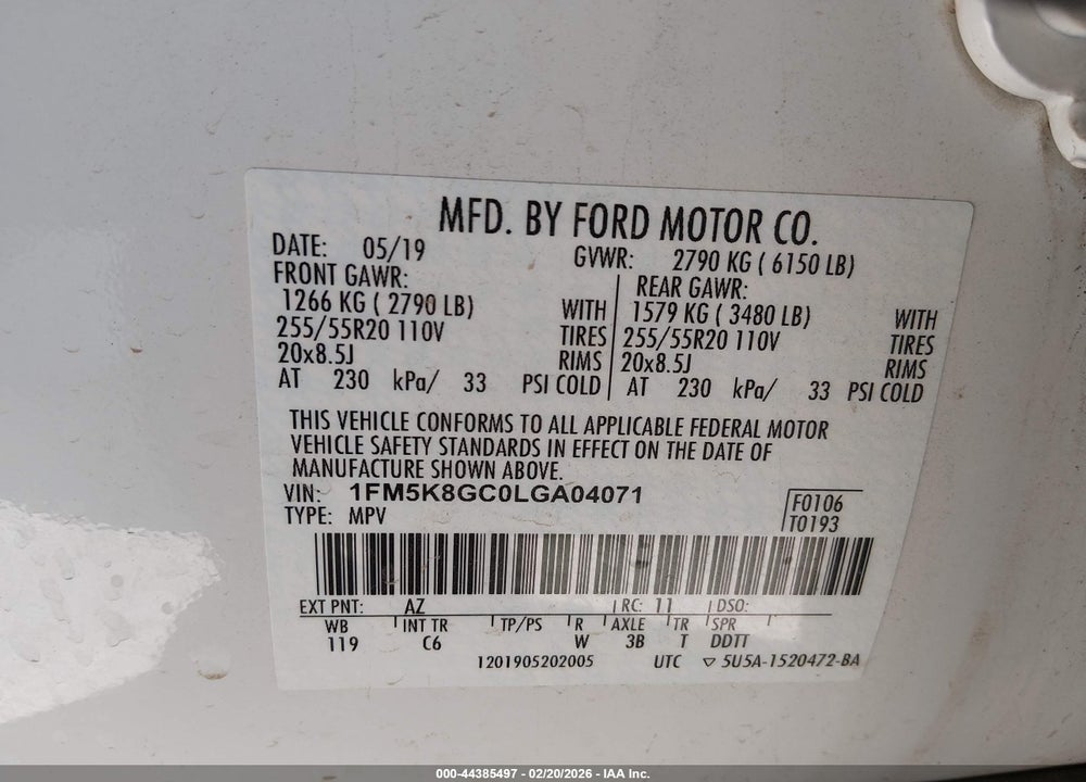 2020 FORD EXPLORER ST VIN: 1FM5K8GC0LGA04071