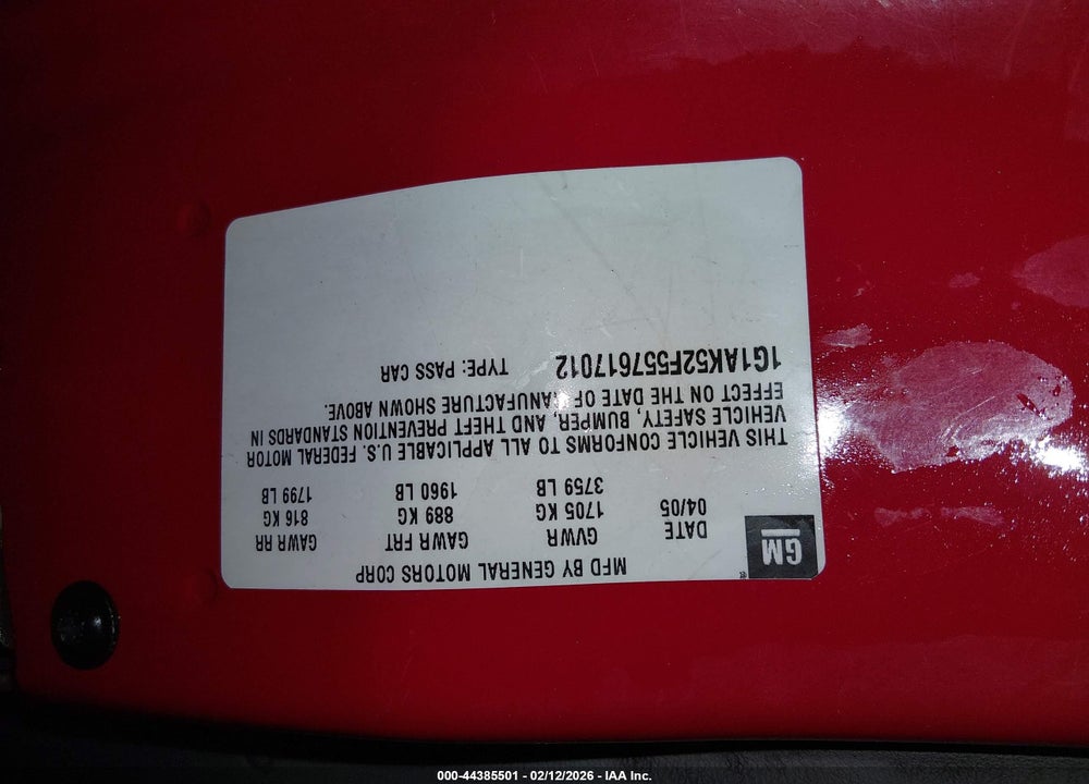 2005 CHEVROLET COBALT VIN: 1G1AK52F557617012