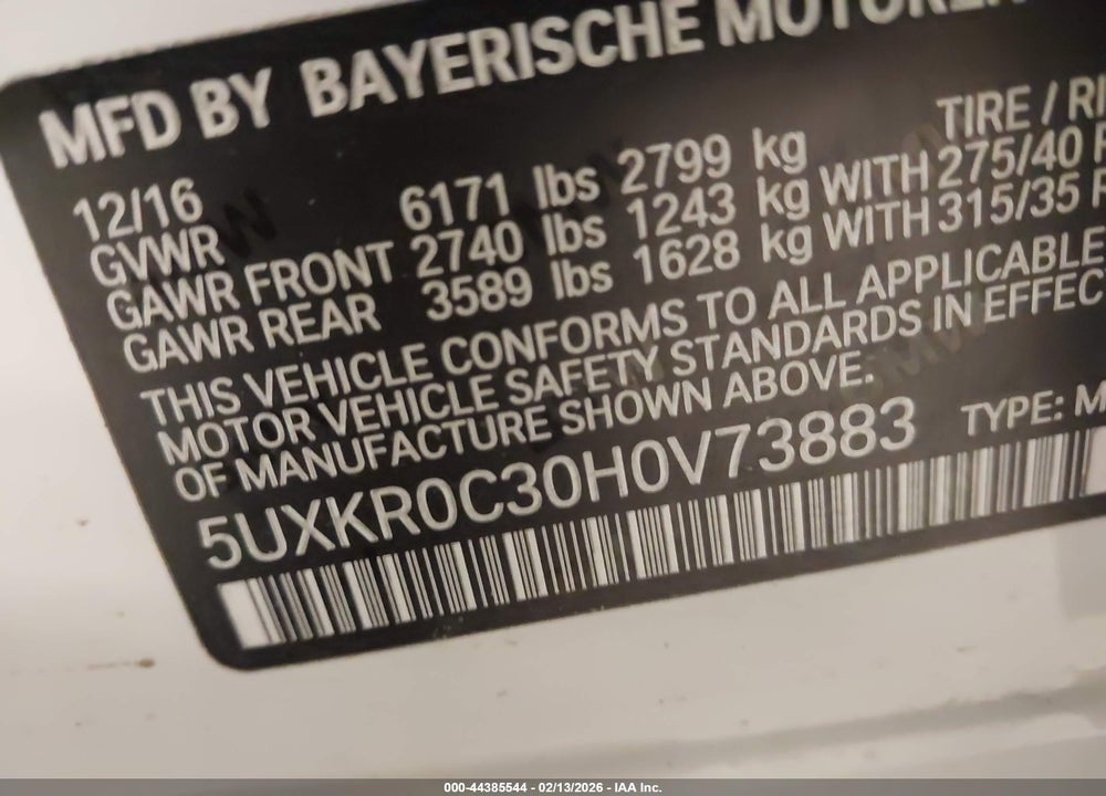 2017 BMW X5 XDRIVE35I VIN: 5UXKR0C30H0V73883