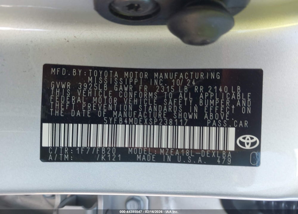 2025 TOYOTA COROLLA LE VIN: 5YFB4MDEXSP238117