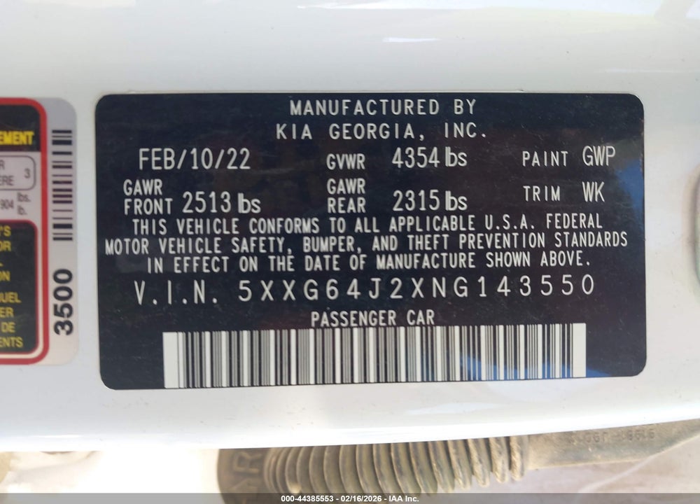 2022 KIA K5 GT-LINE VIN: 5XXG64J2XNG143550