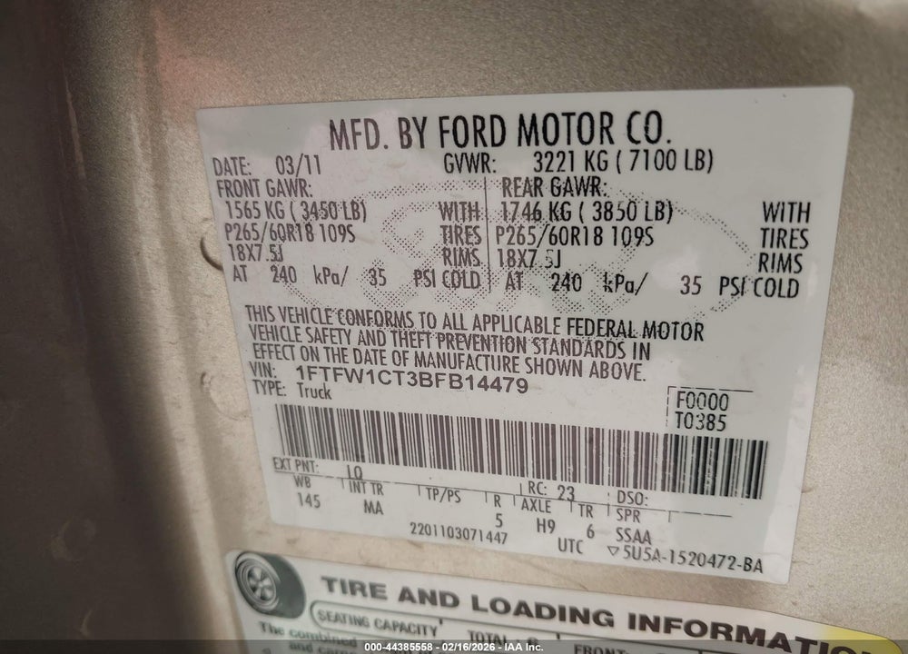 2011 FORD F-150 XLT VIN: 1FTFW1CT3BFB14479