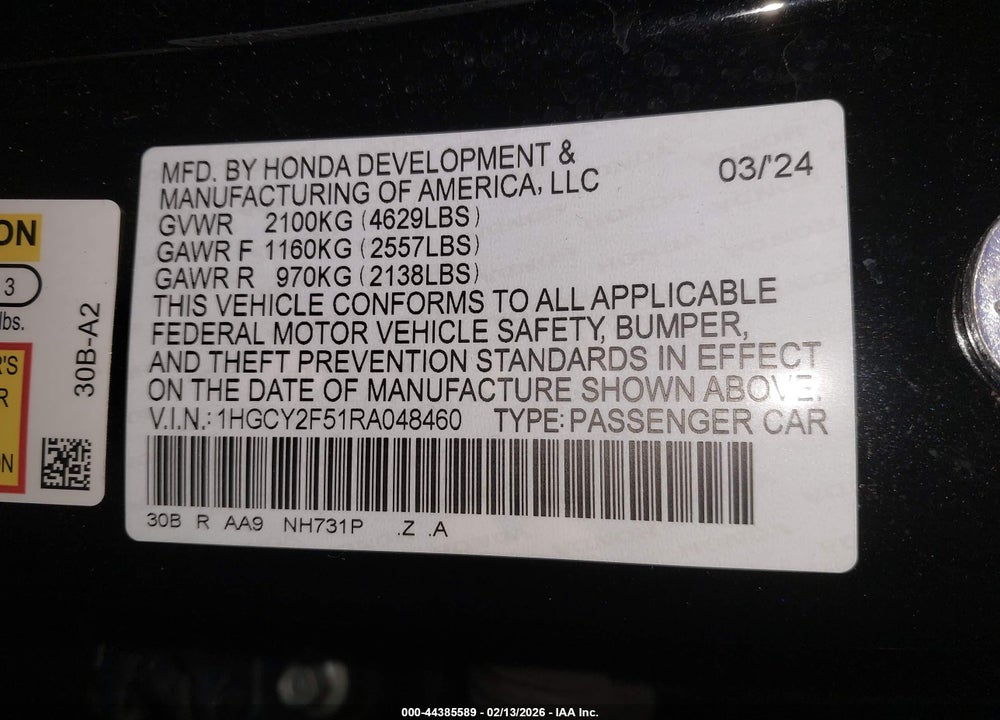 2024 HONDA ACCORD HYBRID SPORT VIN: 1HGCY2F51RA048460