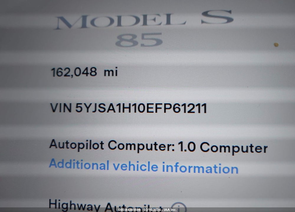 2014 TESLA MODEL S P85 VIN: 5YJSA1H10EFP61211