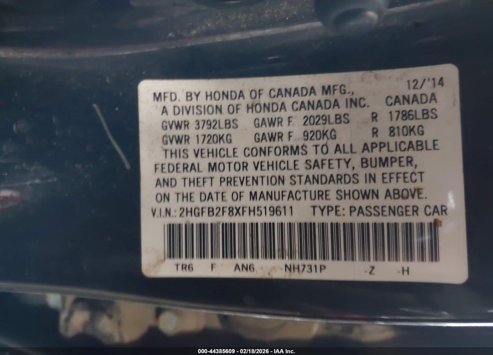2015 HONDA CIVIC EX VIN: 2HGFB2F8XFH519611