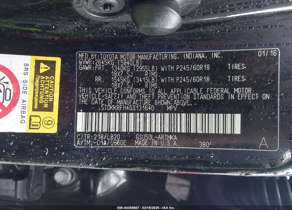 2016 TOYOTA HIGHLANDER XLE V6 VIN: 5TDKKRFH4GS131640