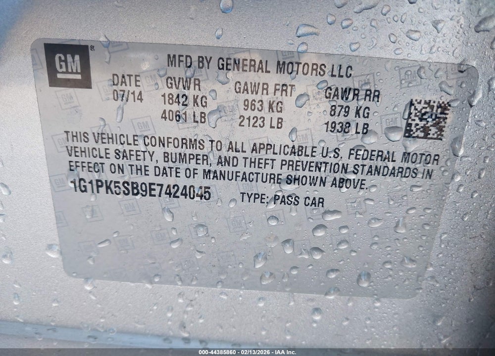 2014 CHEVROLET CRUZE LT VIN: 1G1PK5SB9E7424045