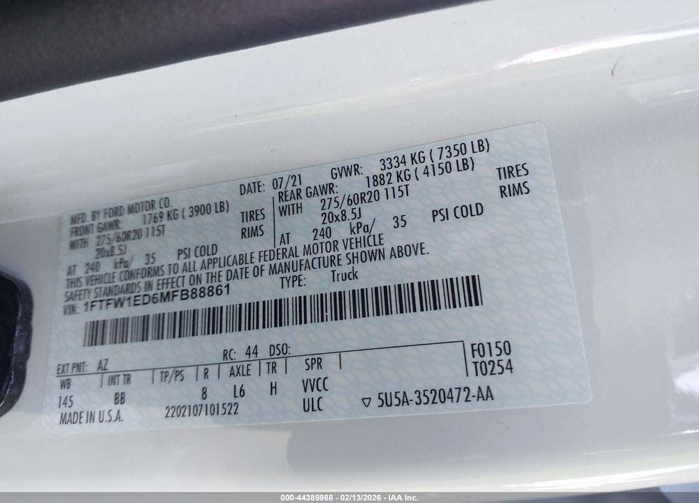 2021 FORD F-150 PLATINUM VIN: 1FTFW1ED6MFB88861