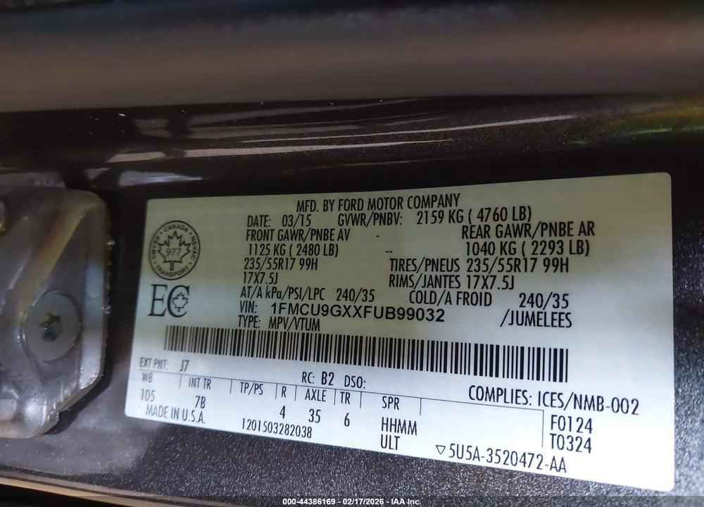 2015 FORD ESCAPE SE VIN: 1FMCU9GXXFUB99032