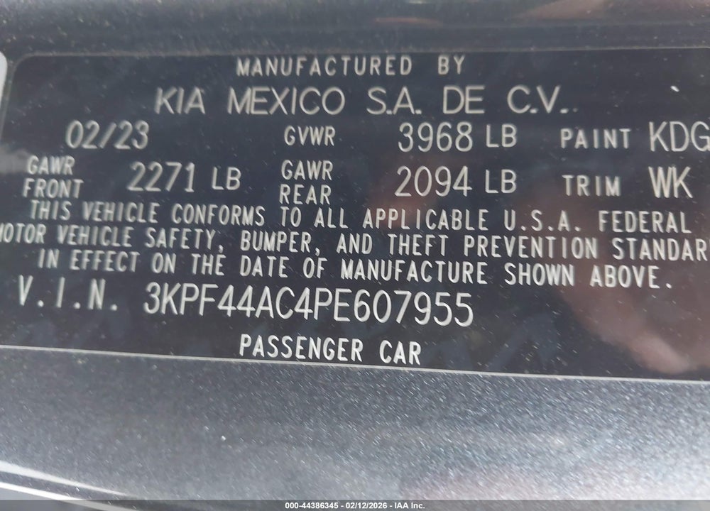 2023 KIA FORTE GT VIN: 3KPF44AC4PE607955