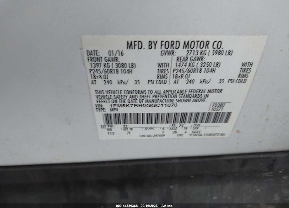 2016 FORD EXPLORER VIN: 1FM5K7BH0GGC11076