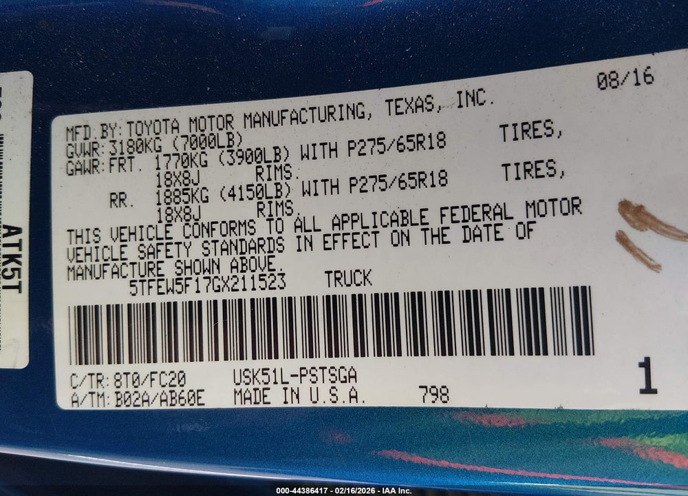 2016 TOYOTA TUNDRA SR5 5.7L V8 VIN: 5TFEW5F17GX211523