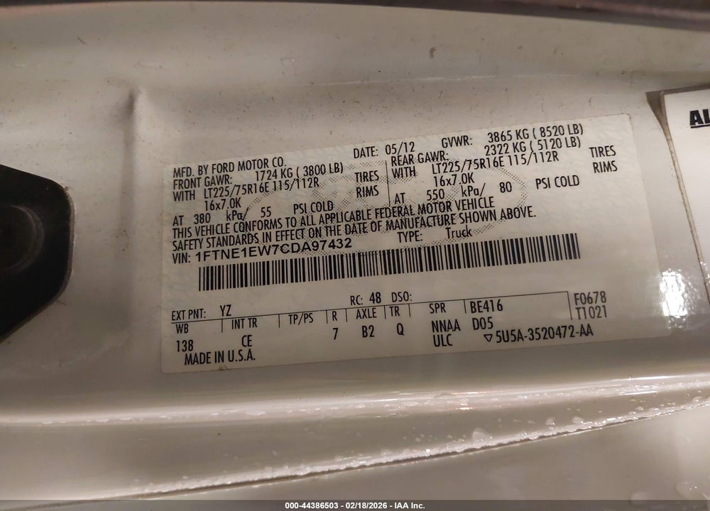 2012 FORD E-150 COMMERCIAL VIN: 1FTNE1EW7CDA97432