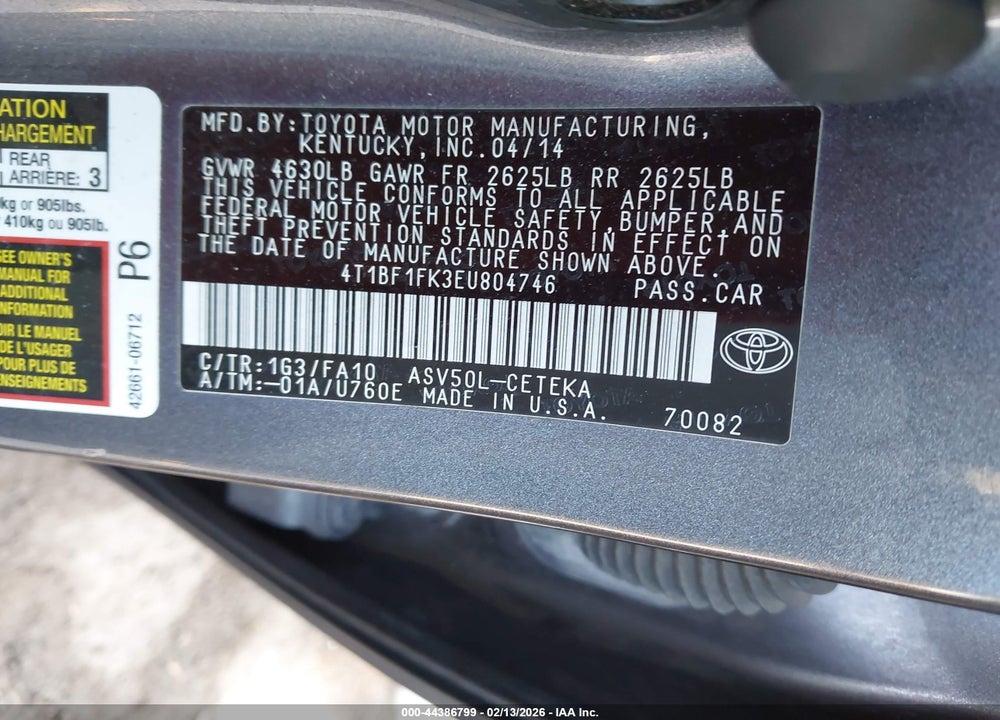 2014 TOYOTA CAMRY L VIN: 4T1BF1FK3EU804746