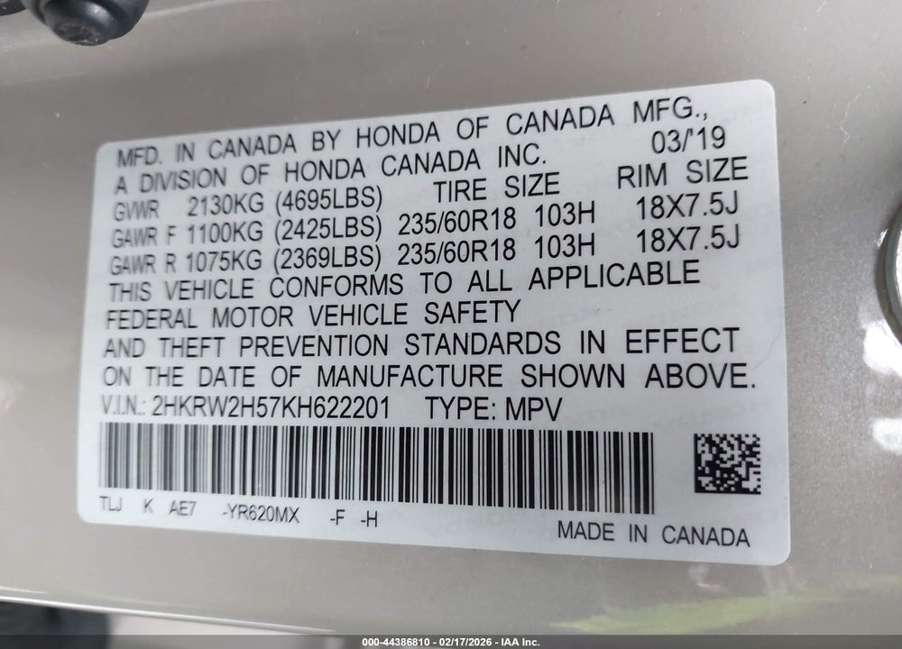 2019 HONDA CR-V EX VIN: 2HKRW2H57KH622201