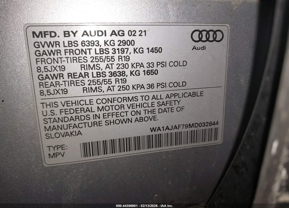 2021 AUDI Q7 PREMIUM 45 TFSI QUATTRO TIPTRONIC VIN: WA1AJAF79MD032644