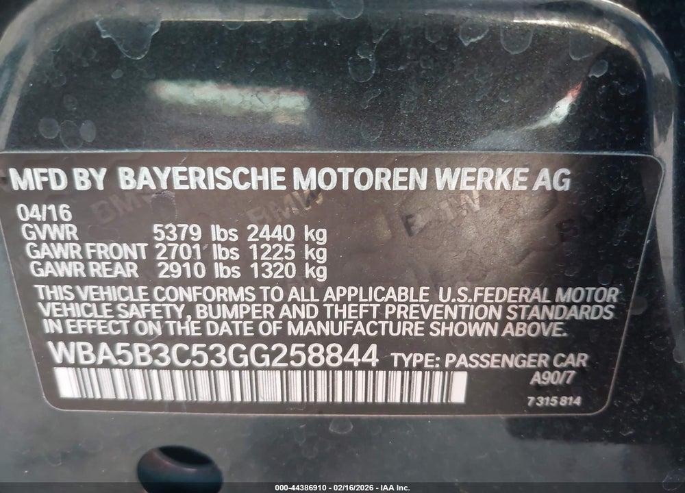 2016 BMW 535I XDRIVE VIN: WBA5B3C53GG258844