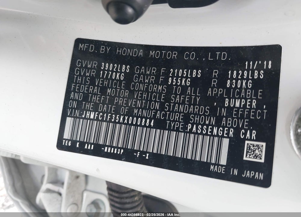 2019 HONDA CIVIC EX VIN: JHMFC1F35KX000884