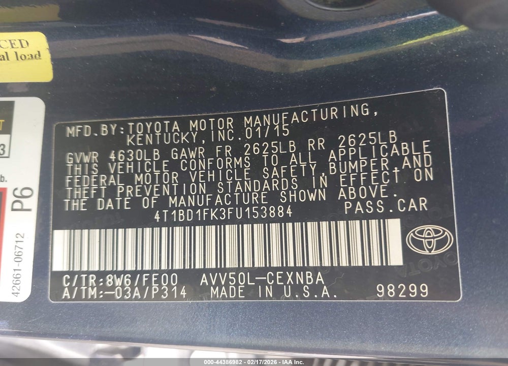 2015 TOYOTA CAMRY HYBRID LE VIN: 4T1BD1FK3FU153884