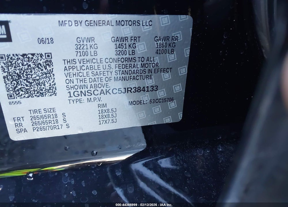 2018 CHEVROLET TAHOE LS VIN: 1GNSCAKC5JR384133