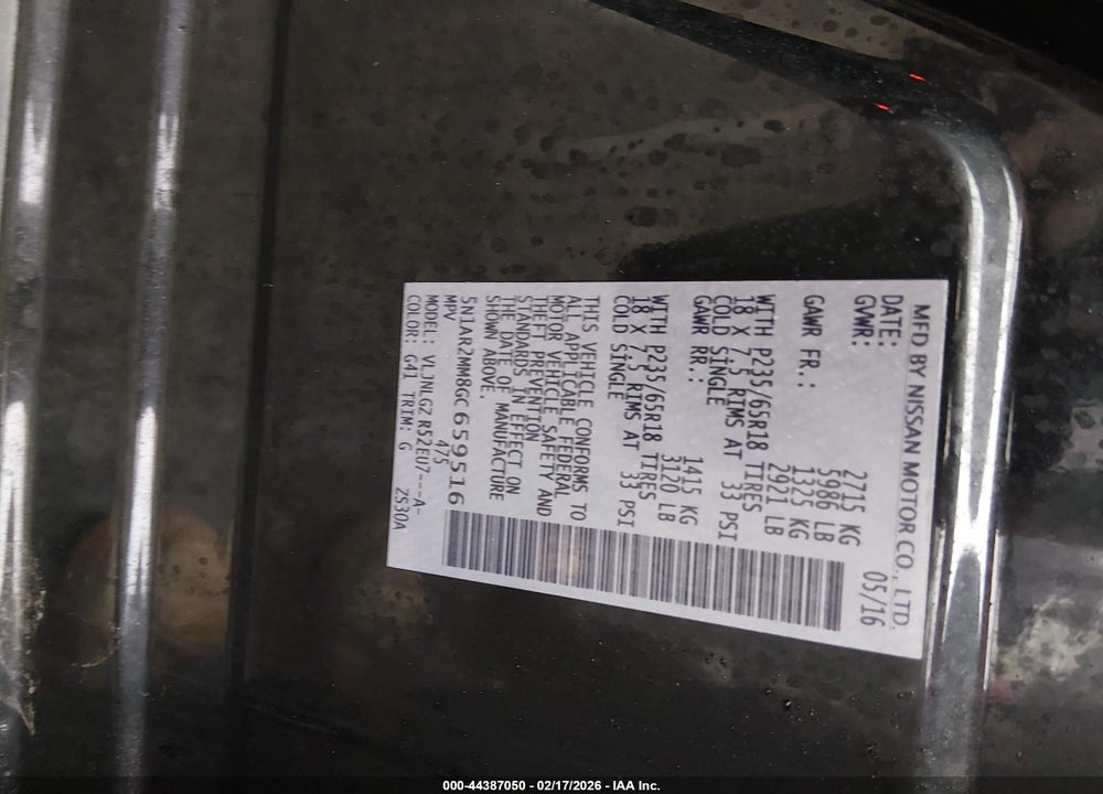 2016 NISSAN PATHFINDER SL VIN: 5N1AR2MM8GC659516