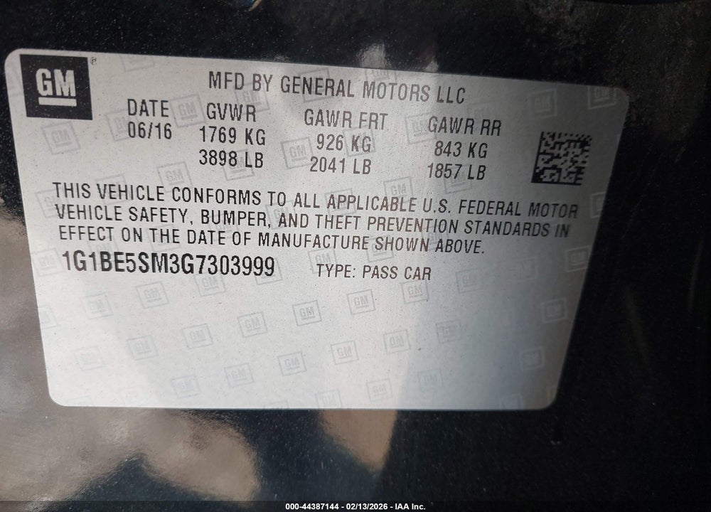 2016 CHEVROLET CRUZE LT AUTO VIN: 1G1BE5SM3G7303999