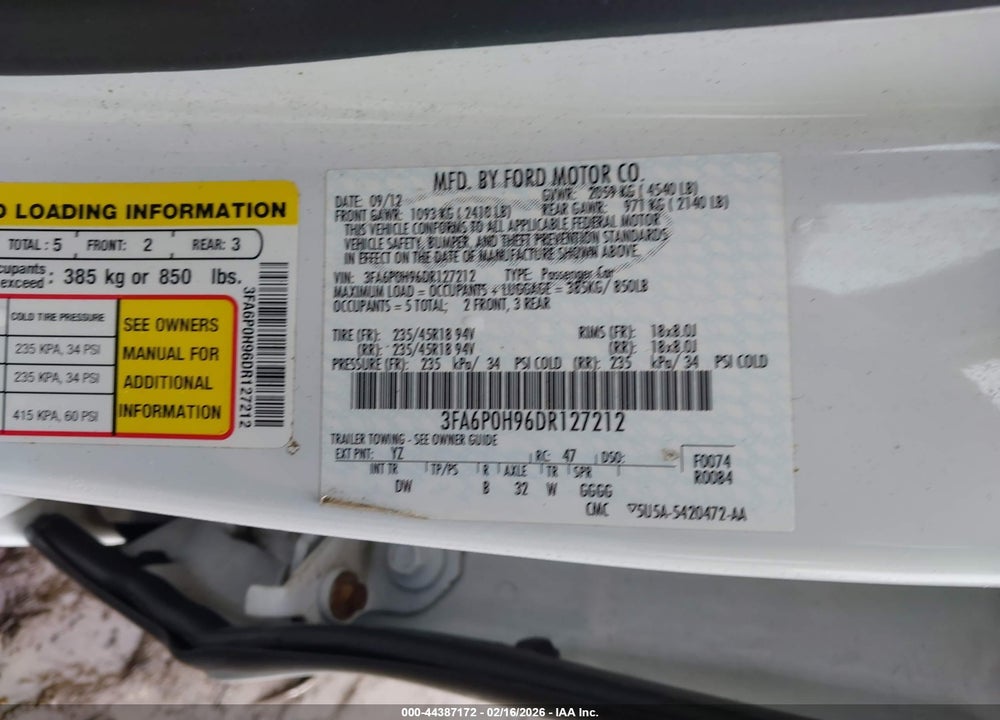 2013 FORD FUSION SE VIN: 3FA6P0H96DR127212
