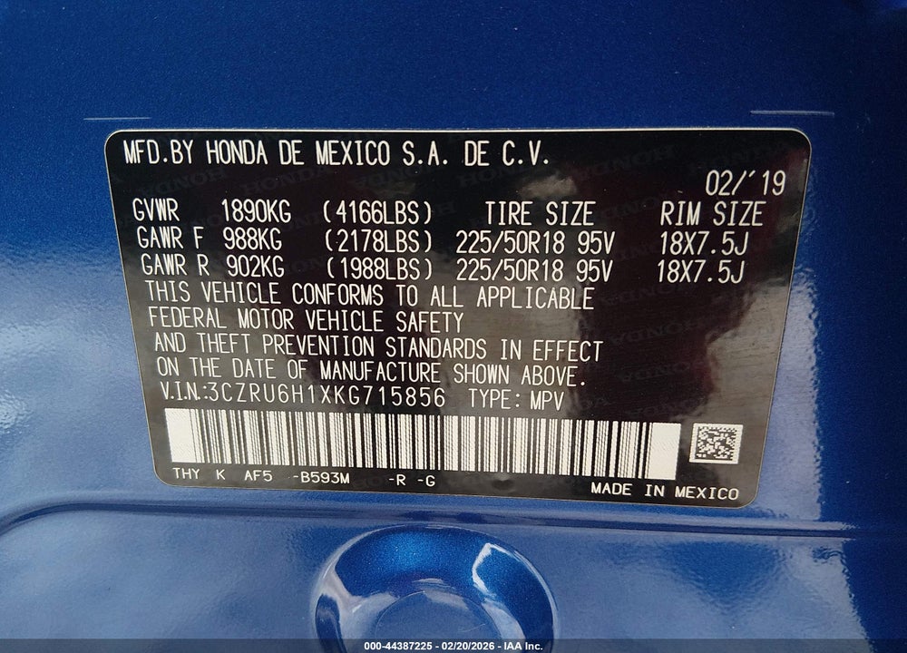 2019 HONDA HR-V SPORT VIN: 3CZRU6H1XKG715856