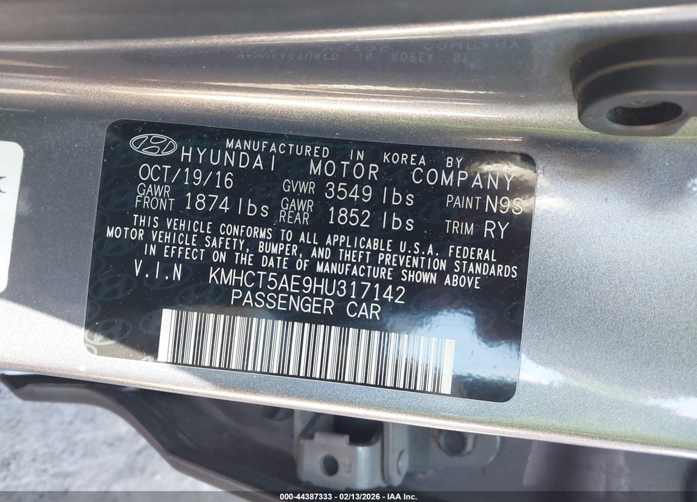 2017 HYUNDAI ACCENT SE VIN: KMHCT5AE9HU317142