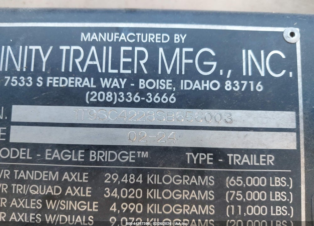 2025 TRINITY TRAILER MFG INC DUMP TRAILER VIN: 1T9SC4228SB656003