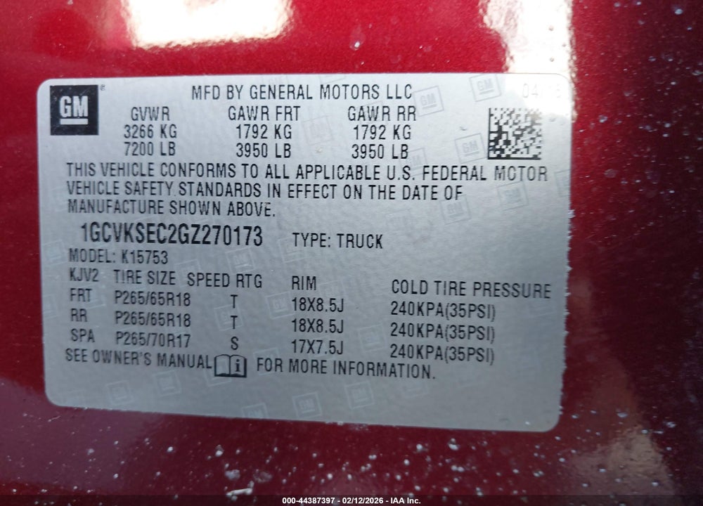2016 CHEVROLET SILVERADO 1500 LTZ VIN: 1GCVKSEC2GZ270173