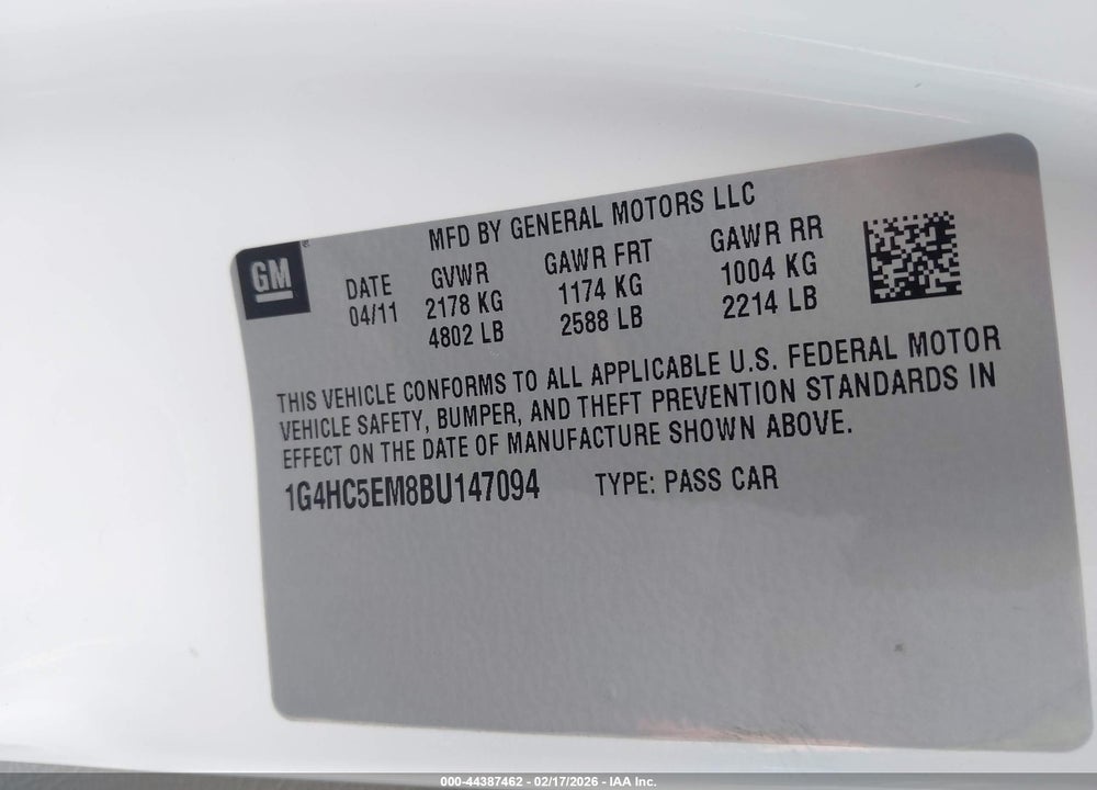 2011 BUICK LUCERNE CXL VIN: 1G4HC5EM8BU147094