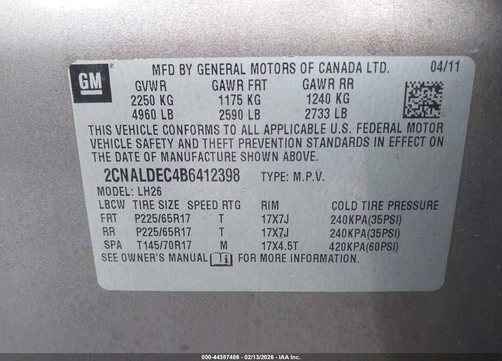 2011 CHEVROLET EQUINOX 1LT VIN: 2CNALDEC4B6412398