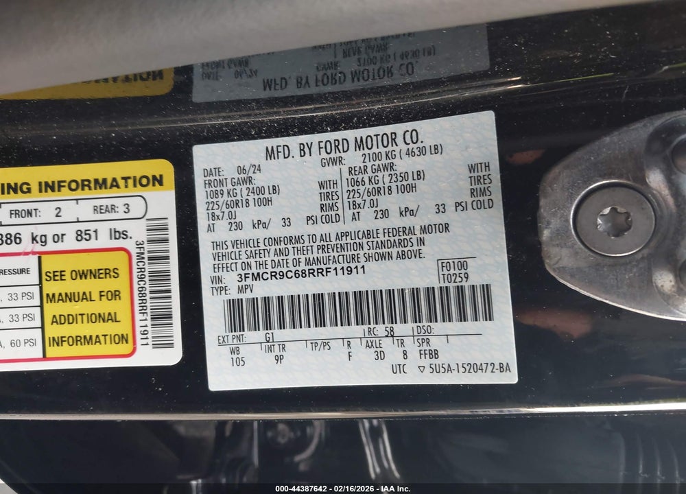 2024 FORD BRONCO SPORT OUTER BANKS VIN: 3FMCR9C68RRF11911