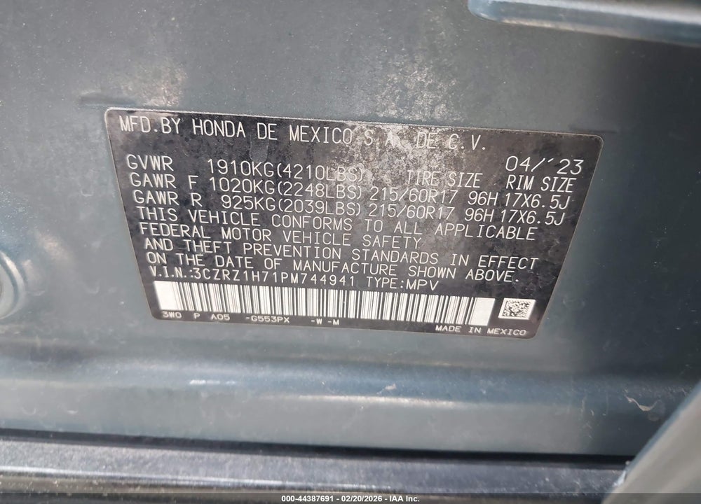 2023 HONDA HR-V 2WD EX-L VIN: 3CZRZ1H71PM744941