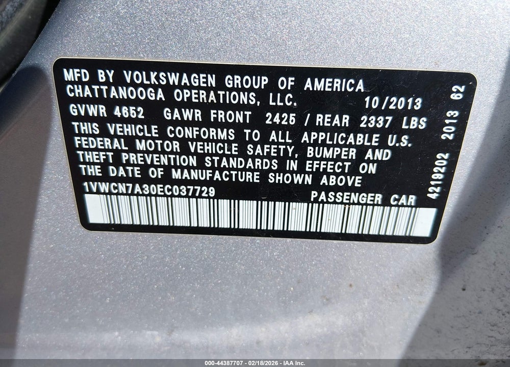 2014 VOLKSWAGEN PASSAT 2.0L TDI SEL PREMIUM VIN: 1VWCN7A30EC037729
