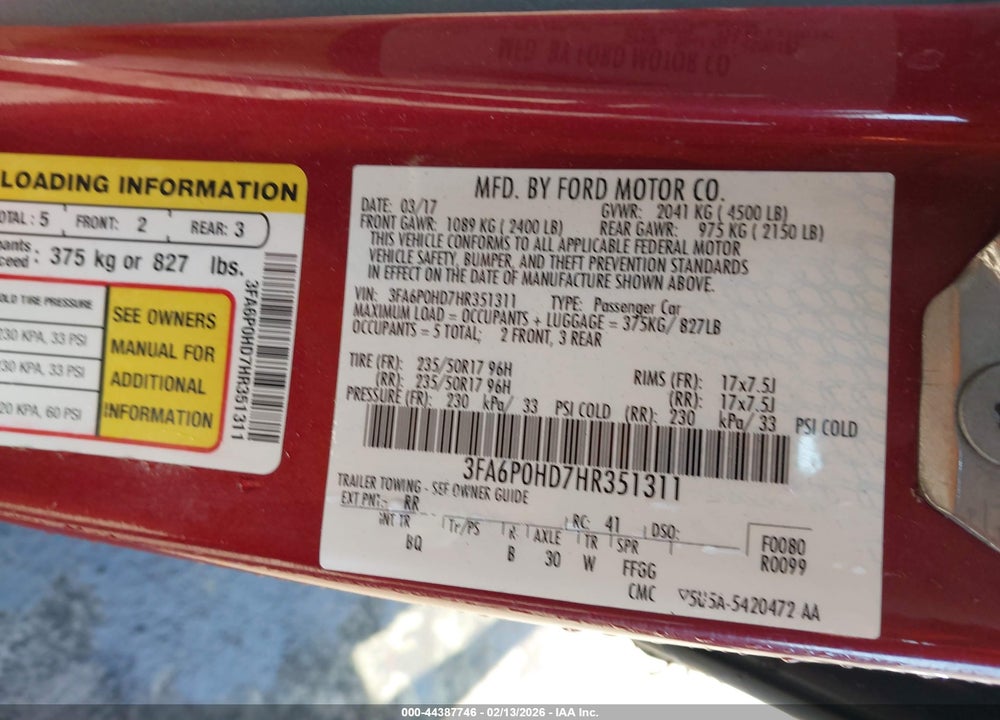 2017 FORD FUSION SE VIN: 3FA6P0HD7HR351311