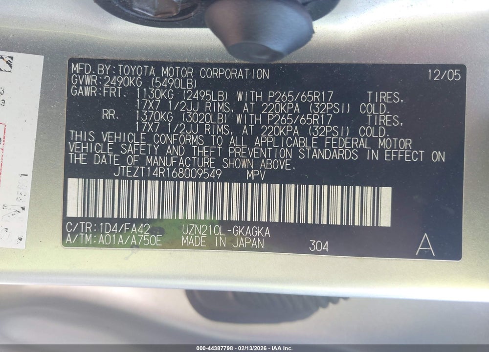 2006 TOYOTA 4RUNNER SR5 V8 VIN: JTEZT14R168009549