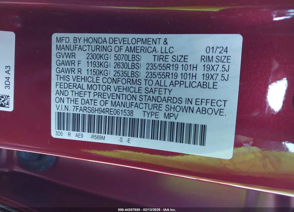 2024 HONDA CR-V HYBRID SPORT TOURING VIN: 7FARS6H94RE061538