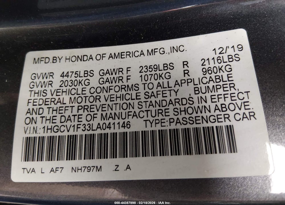 2020 HONDA ACCORD SPORT VIN: 1HGCV1F33LA041146