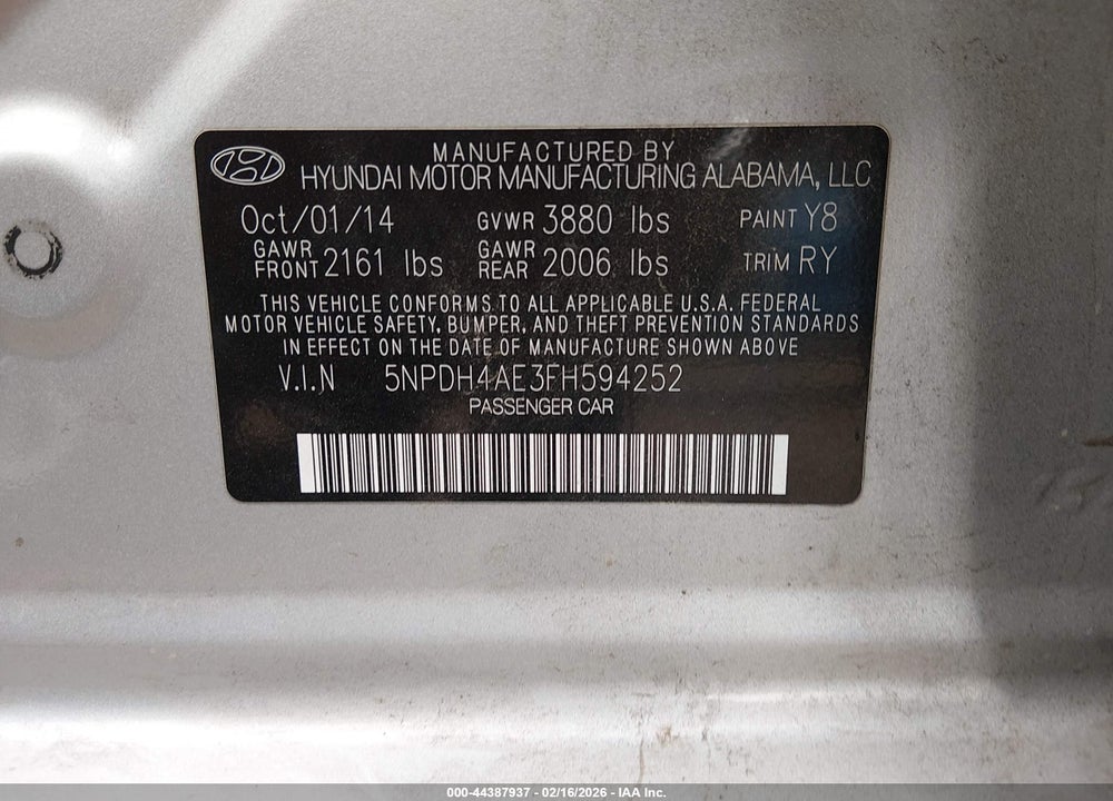 2015 HYUNDAI ELANTRA SE VIN: 5NPDH4AE3FH594252