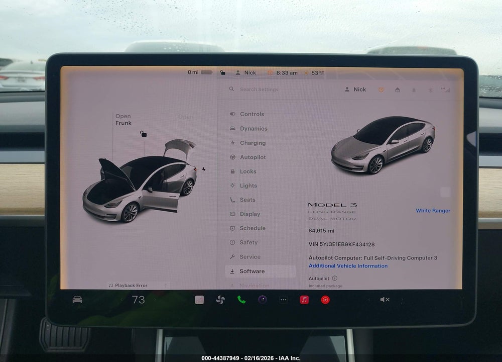 2019 TESLA MODEL 3 LONG RANGE/PERFORMANCE VIN: 5YJ3E1EB9KF434128