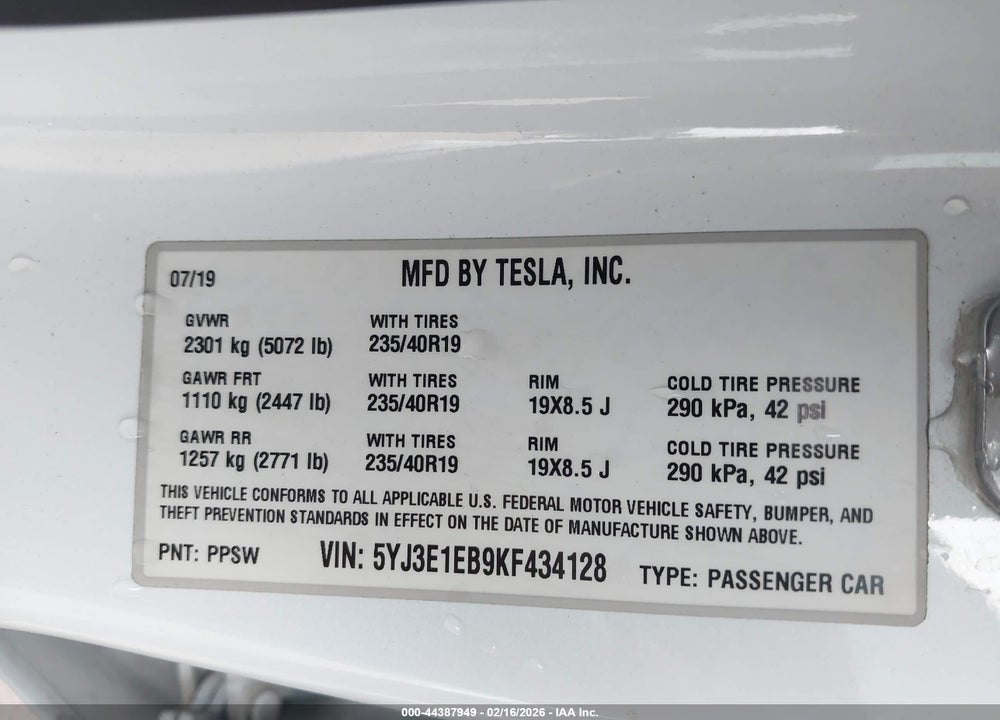 2019 TESLA MODEL 3 LONG RANGE/PERFORMANCE VIN: 5YJ3E1EB9KF434128