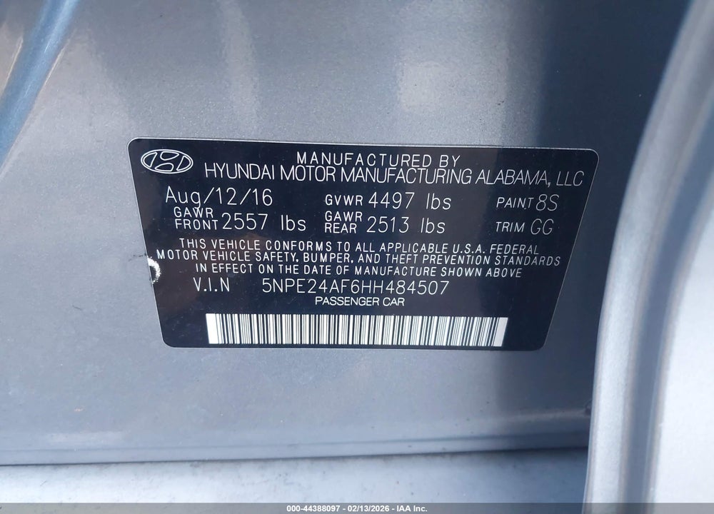 2017 HYUNDAI SONATA SE VIN: 5NPE24AF6HH484507